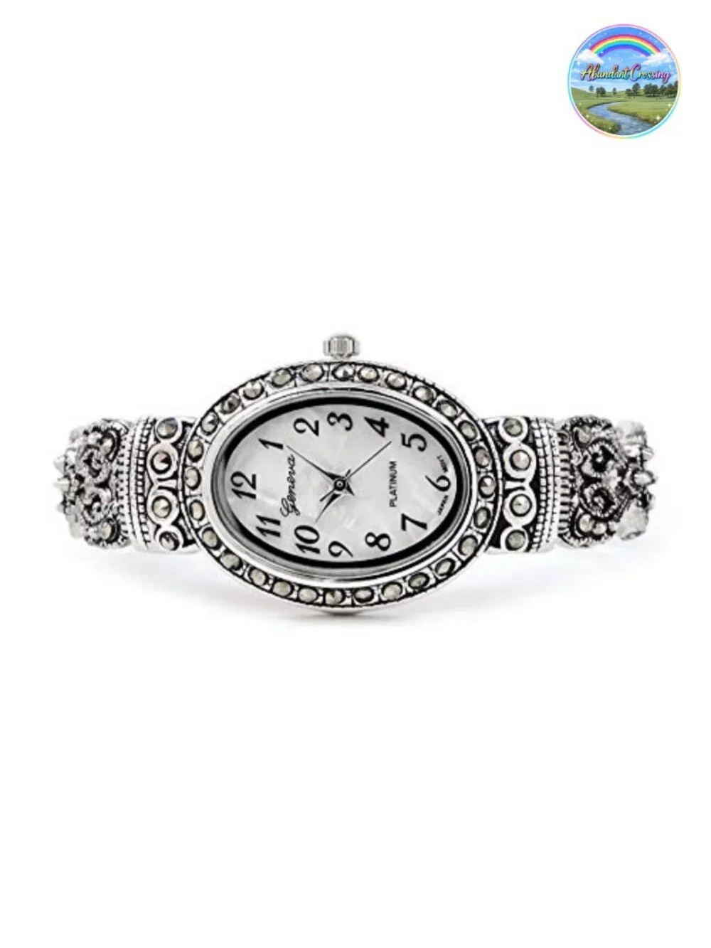 Vintage Marcasite Crystal Oval Face Women's Bangle Cuff Watch, Japan Quartz